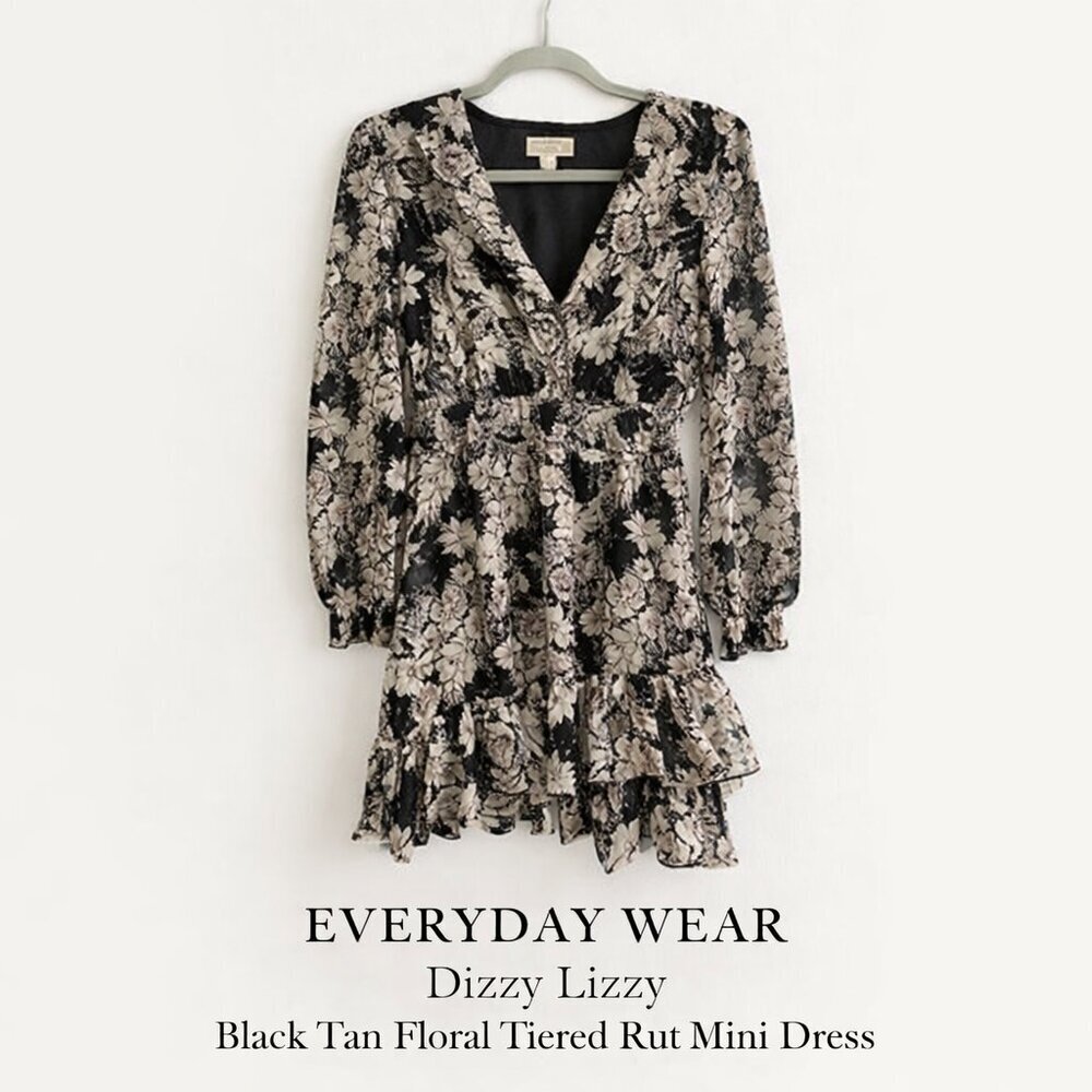 Dizzy Lizzy Black Tan Floral Tiered Ruffle Mini Dress Size S NWOT
